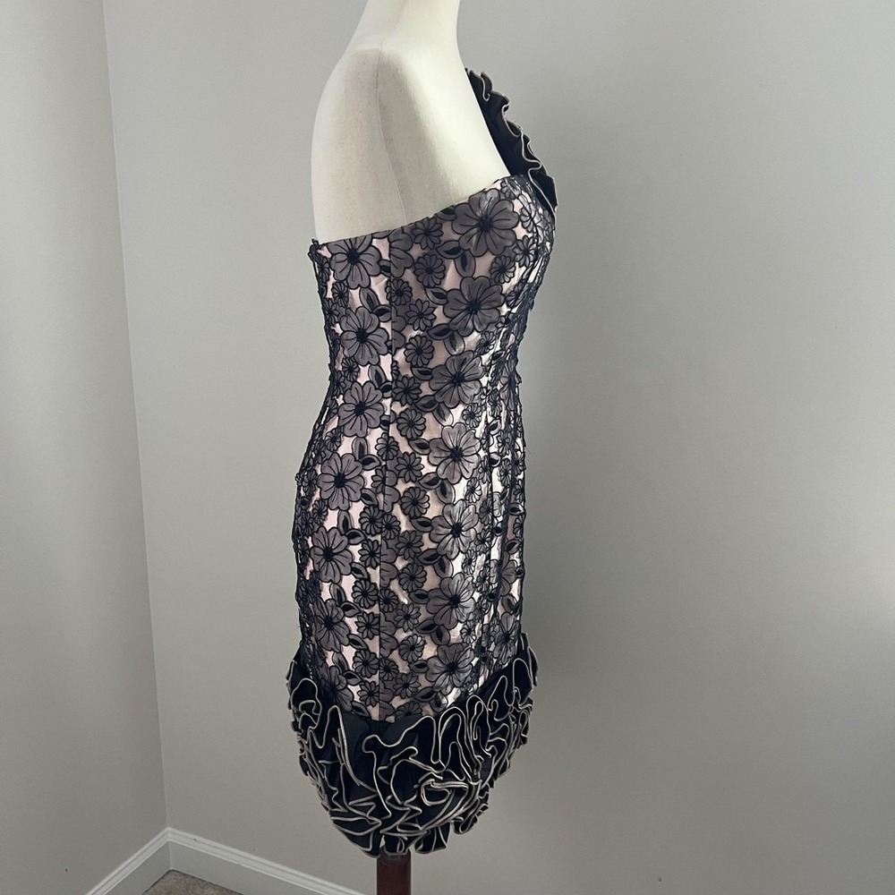 Sonia Peña Black Floral Lace Applique Dress US 6 Pink Satin One Shoulder Ruffle - Picture 3 of 9
